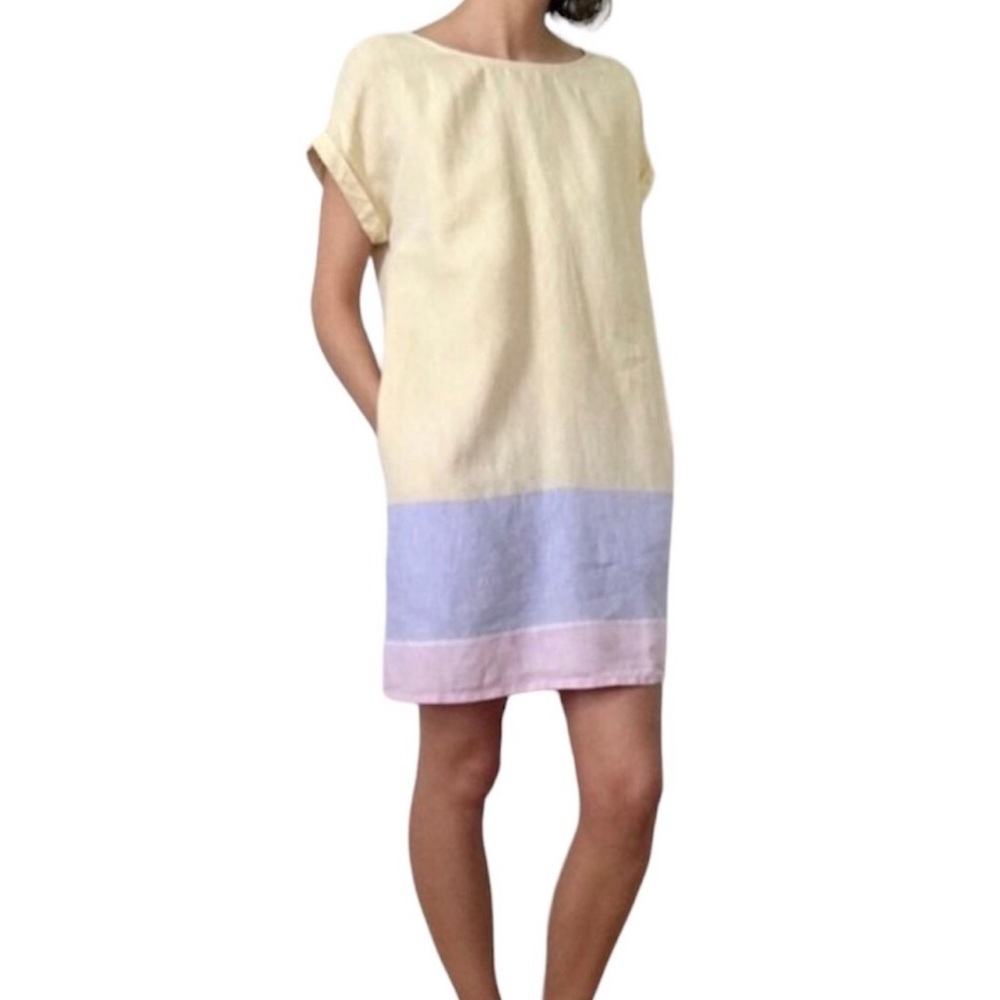 C&C California Yellow 100% linen Knee Length Dress Size Large With Pockets Read